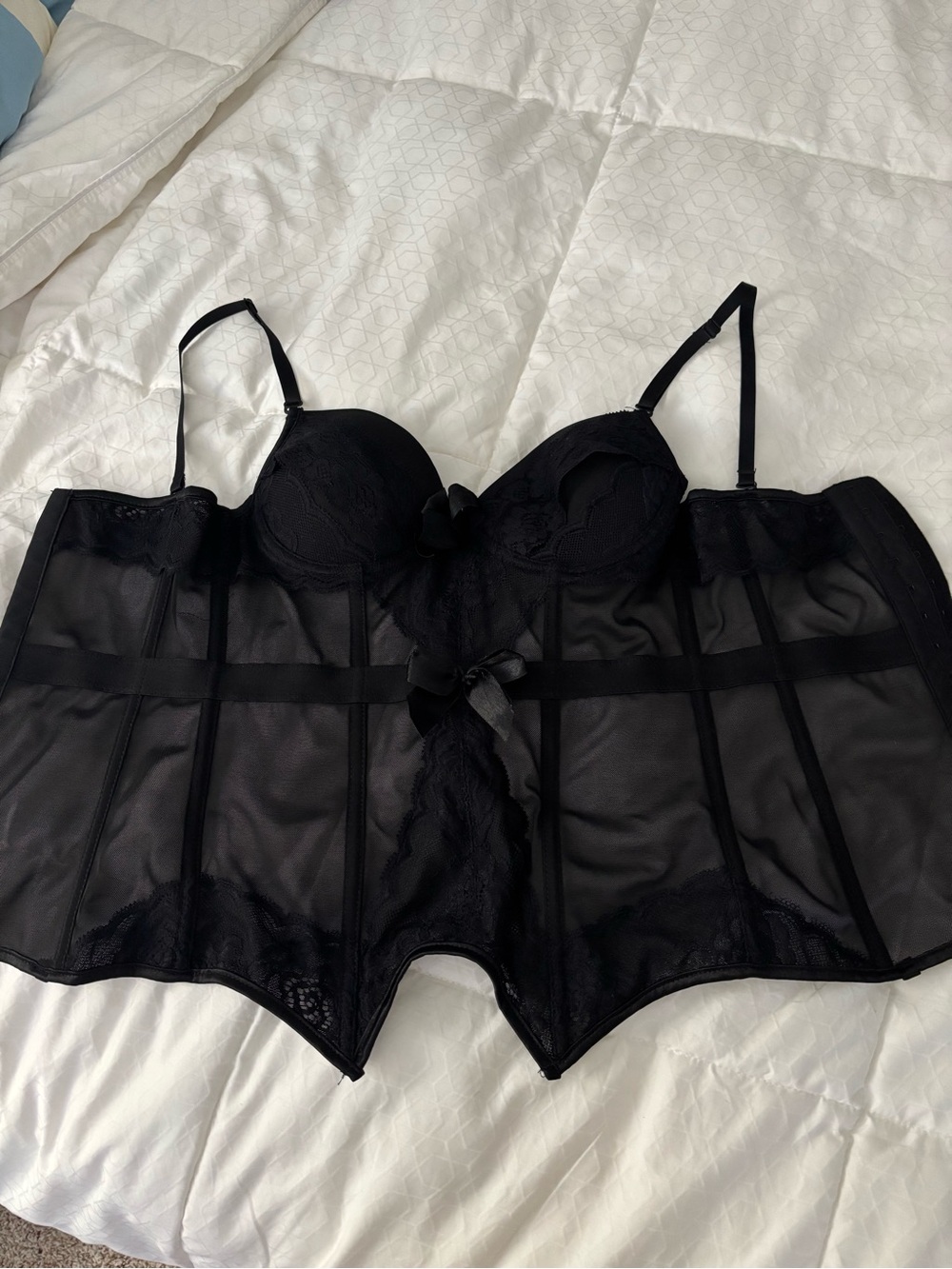 Black Lace Mesh Longline Bustier Corset - Women Intimates